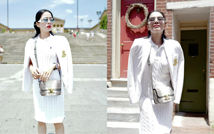 Lệ Quyên diện nguyên cây đồ hiệu, đeo nhiều phụ kiên đắt đỏ. Ảnh: FBNV