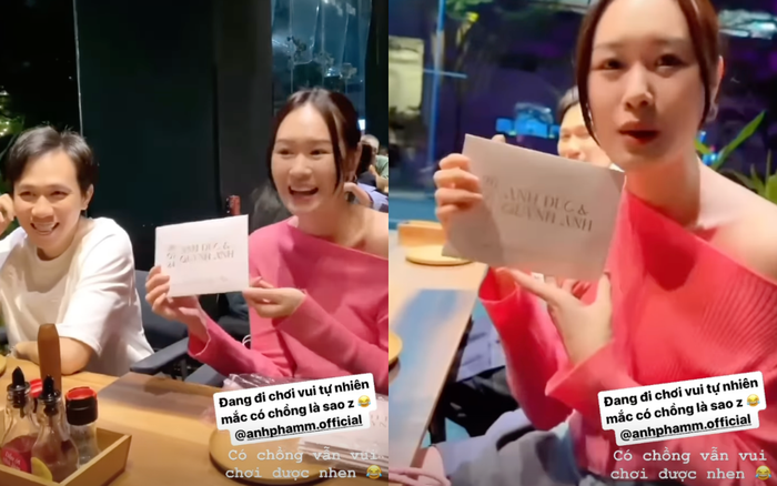 Anh Đức nở nụ cười hạnh phúc khi chứng kiến bà xã mời bạn bè đến dự đám cưới. Ảnh: Instagram anhphamm.offical