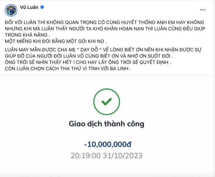 Bài đăng của NSƯT Vũ Luân giữa ồn ào với Hồng Loan.