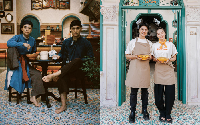 Ngô Thanh Vân và Huy Trần vui vẻ chụp hình trong quán ăn chay do cả hai đích thân mở cửa, vận hành. Ảnh: FBNV