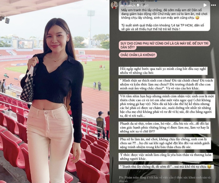 Vợ Đặng Văn Lâm nêu quan điểm về chuyện sinh nở ở phụ nữ. Ảnh chụp màn hình