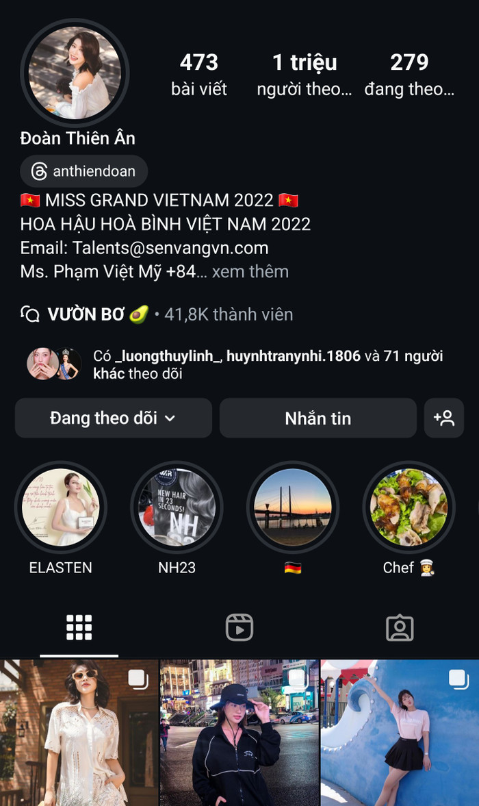 Tài khoản Instagram của Hoa hậu Đoàn Thiên Ân đã cán mốc 1 triệu người theo dõi.