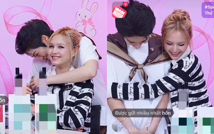 Xoài Non và Gil Lê bối rối ôm đối phương trong phiên livestream mới nhất. Ảnh: Chụp màn hình