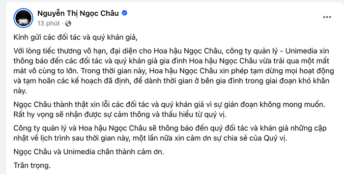 Bài đăng mới nhất của công ty chủ quản Hoa hậu Ngọc Châu.