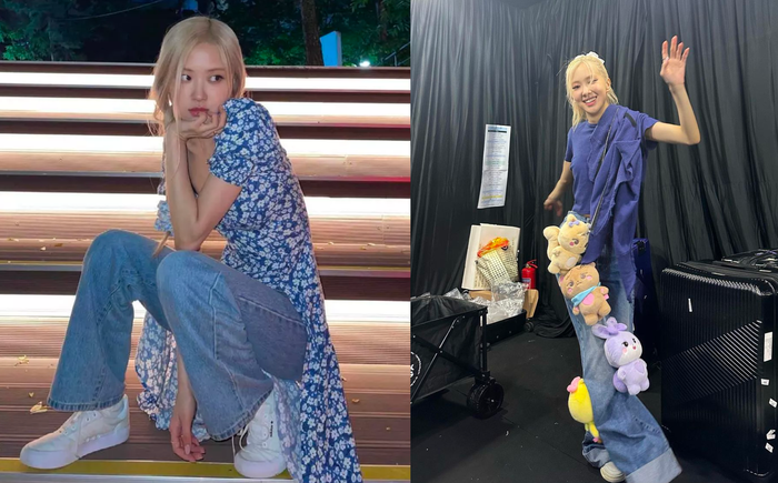 Rosé tạo xu hướng thời trang gấu bông, phối váy dài và quần jeans.