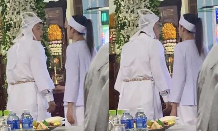 Dù đau buồn thế nhưng Hoa hậu Ngọc Châu vẫn cố bình tĩnh để lo chu toàn tang lễ cho mẹ. 