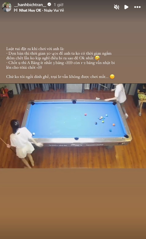Bạn gái Văn Thanh lém lĩnh khi tự ý sửa luật khi chơi bida cùng người yêu. Ảnh chụp màn hình