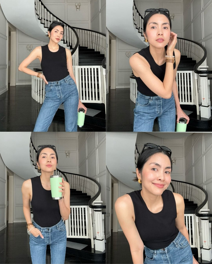 Tăng Thanh Hà trẻ trung, bất chấp dấu hiệu tuổi tác trong loạt ảnh mới. Trải qua 3 lần sinh nở, nữ diễn viên vẫn giữ được vóc dáng chuẩn chỉnh, vòng nào ra vòng đó. Do đó, cô dễ dàng cân trọn những thiết kế đơn giản, ôm sát vóc dáng.