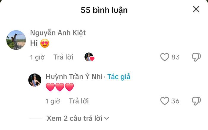 Ý Nhi và bạn trai tương tác trên mạng xã hội. Ảnh chụp màn hình