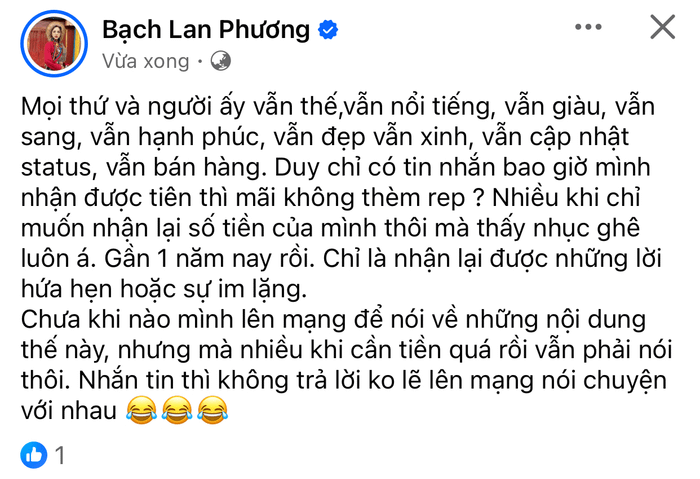 Bạch Lan Phương tố một người nổi tiếng quỵt nợ.