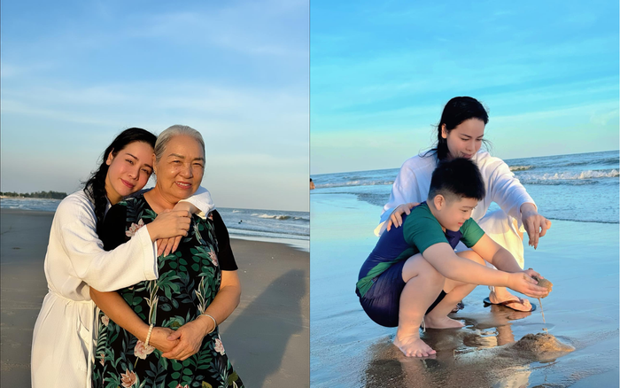 Nhật Kim Anh ở bên cạnh mẹ và con trai trong một chuyến đi du lịch. Cô thường đưa đấng sinh thành cùng quý tử đi khám phá những địa điểm mới. Ảnh: FBNV