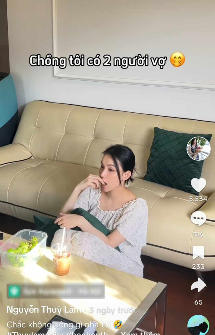 Hoa hậu Thùy Lâm đăng video bắt trend với tiêu đề 'chồng tôi có 2 người vợ'.