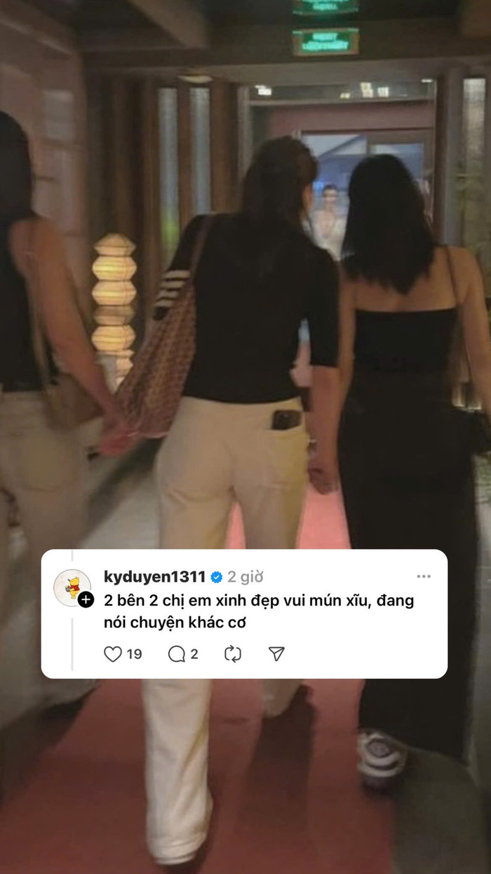 Hình ảnh Kỳ Duyên đang 'tay trong tay' với Hoa hậu Thiên Ân (phải) và Diệp Lâm Anh (trái) làm nhiều người hâm mộ liên tục réo tên Minh Triệu.