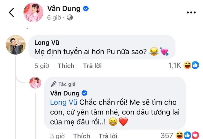 Vân Dung tiếp tục tuyển con dâu bên dưới bài đăng mới.