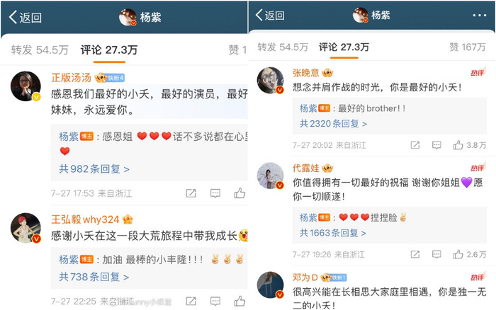 Theo cư dân mạng, mặc dù các diễn viên trong đoàn Trường Tương Tư gửi lời chúc phúc và cảm ơn tới Dương Tử nhưng họ nhận về khá nhiều bình luận tiêu cực, không rõ vì lý do gì. Còn Đàn Kiện Thứ lại lựa chọn im hơi lặng tiếng. 