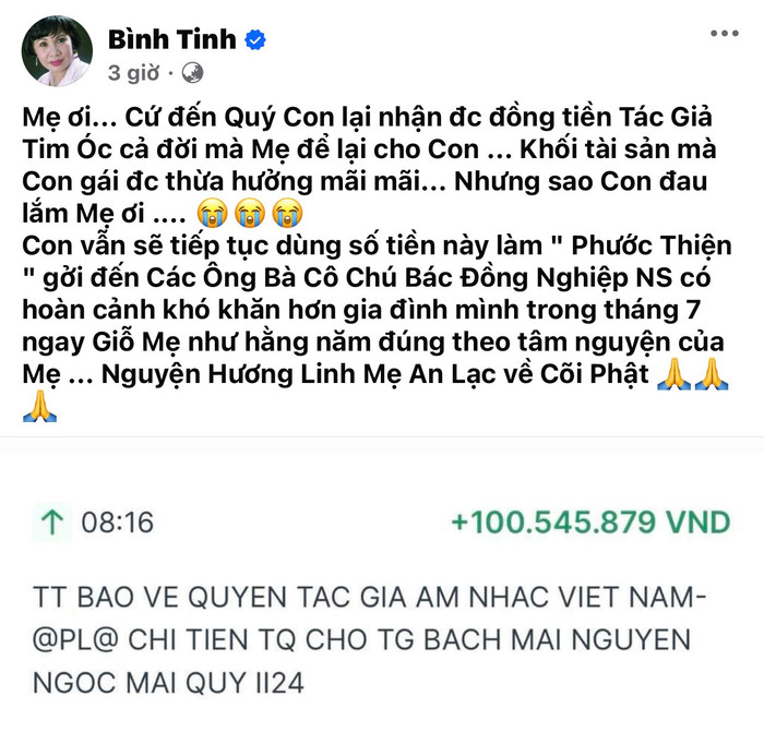 Bình Tinh thông báo nhận tiền tác quyền, tác giả của mẹ để lại.