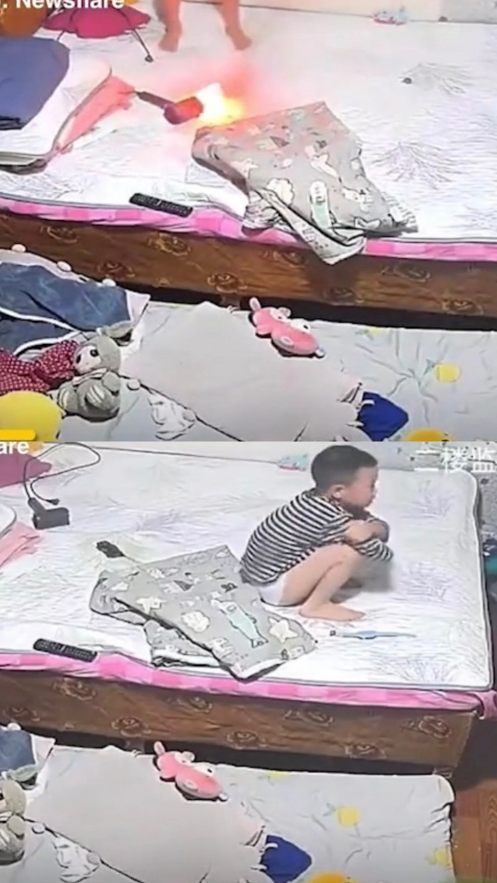 Cho đến khi đảm bảo rằng đám cháy đã được xử lý hoàn toàn, cậu bé bỗng ngồi bệt xuống nệm và khóc vì quá sợ hãi.