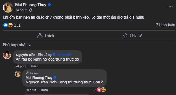 Mai Phương Thúy bị trúng thực sau khi ăn bánh xèo lúc bị bệnh. 