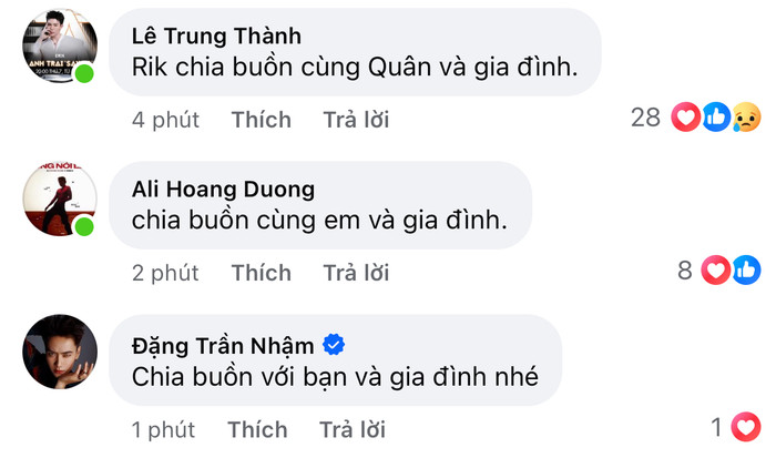Nhiều nghệ sĩ Việt gửi lời chia buồn đến Quân A.P và gia đình trước nỗi mất mát lớn này. 