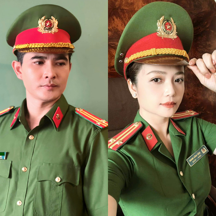 Tạo hình công an ấn tượng của Quang Sự và Kiều Anh.