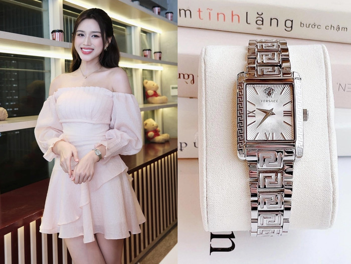 Đỗ Thị Hà tạo điểm nhận với đồng hồ của Versace. Ảnh FBNV