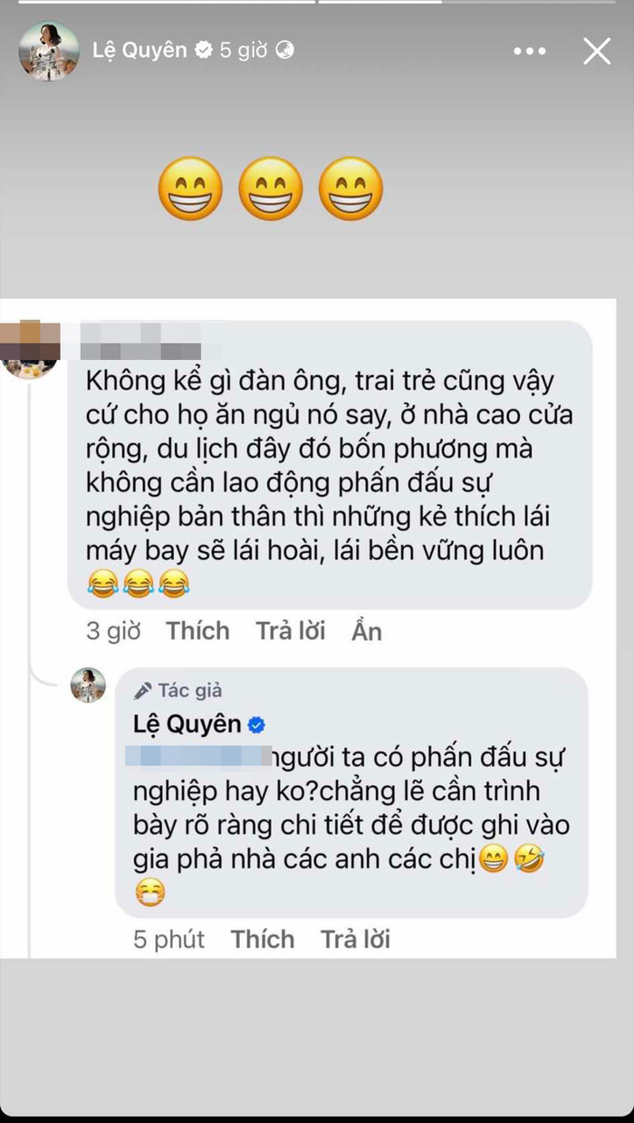 Lệ Quyên không ngần ngại đáp trả bình luận mỉa mai từ cư dân mạng, đồng thời chia sẻ lại hành động này trên story cá nhân. 