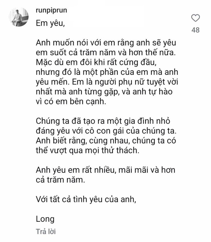 Thư tình em chồng Hà Tăng gửi đến vợ.