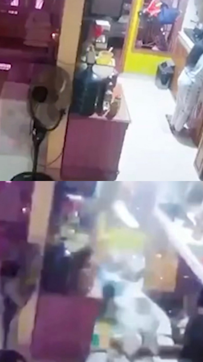 May mắn thay, dù các vật dụng xung quanh bị vỡ nát, người phụ nữ không bị tổn hại về sức khỏe.