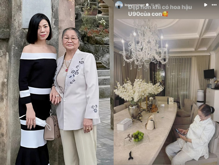 Lệ Quyên gọi mẹ là Hoa hậu U90.  Ảnh chụp màn hình