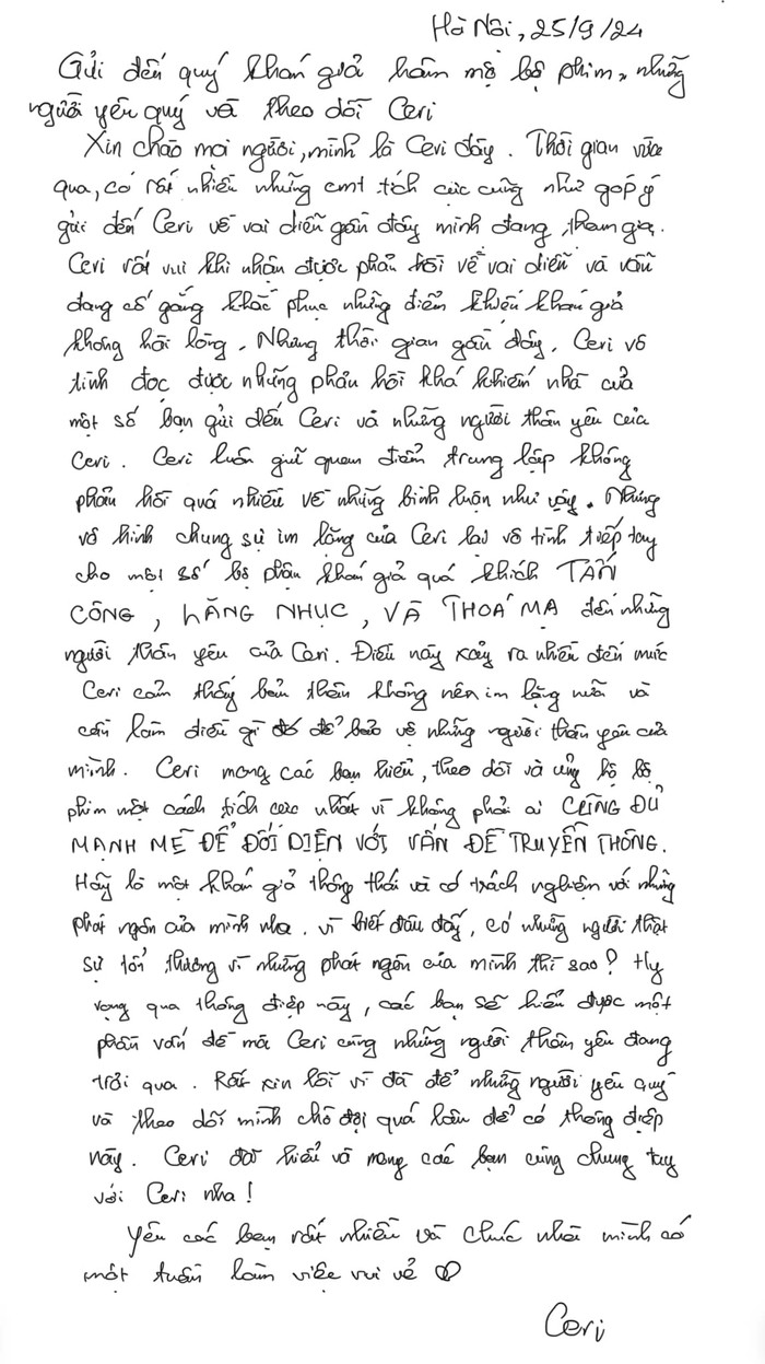 Thu Hà Ceri viết thư tay gửi đến khán giả. Ảnh: FBNV