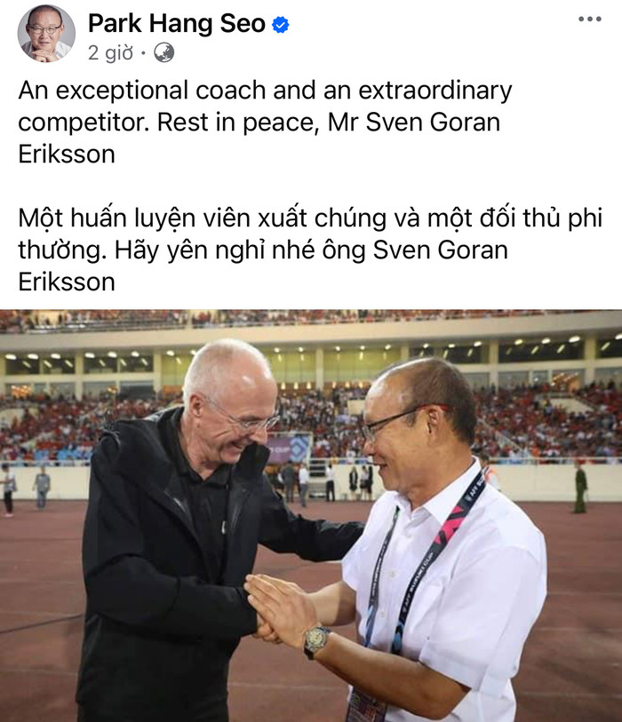 HLV Park Hang Seo đã chia buồn về chuyện HLV Sven Goran Eriksson qua đời. Ảnh chụp màn hình