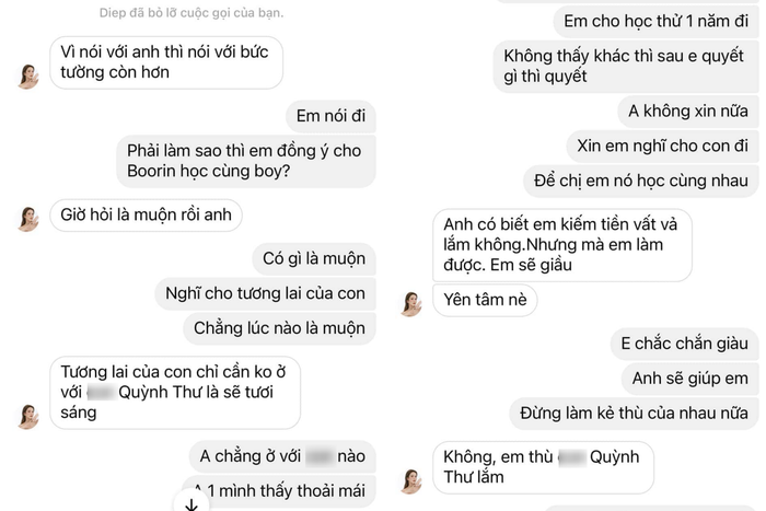 Diệp Lâm Anh gọi thẳng tên Quỳnh. T khi trong tin nhắn trò chuyện với Nghiêm Đức. 