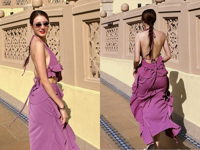 Điểm nhấn của chiếc váy, chắc hẳn là phần lưng trần kết hợp kiểu mặc không nội y đã giúp em gái Công Vinh tăng thêm phần quyến rũ, gợi cảm nhưng không gây khó chịu cho người xem.