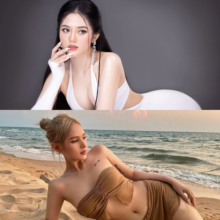 Vòng 1 của bạn gái tin đồn Xemesis chiếm trọn spotlight khi thả dáng nằm trước ống kính. Trong khi, Xoài Non có phần nhẹ nhàng, nữ tính hơn với đồ đi biển màu nâu được phối từ áo bra-top và váy ngắn. 