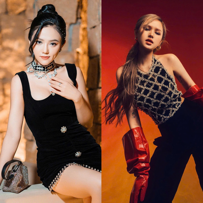 Khi cùng diện trang phục đen, Xoài Non chọn kiểu áo kín đáo ở phần ngực kết hợp với găng tay to màu đỏ nổi bật. Bạn gái mới tin đồn của Xemesis có phần táo bạo hơn với áo hai dây lộ ngực, phối thêm phụ kiện cổ rườm rà. 