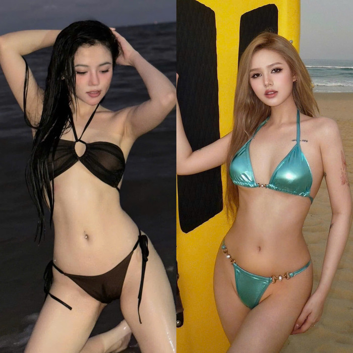 Cả hai cô gái liên quan đến Xemesis đều sở hữu thân hình nóng bỏng đến 'đỏ mắt'. Xoài Non lựa chọn áo tắm hai mảnh có tông màu xanh ánh bạc để khoe trọn hình thể thì bạn gái tin đồn của Xemesis cũng không kém cạnh. Người đẹp diện trang phục áo tắm màu đen mạ mị, có khoét giữa ngực kèm theo quần dây buộc. 