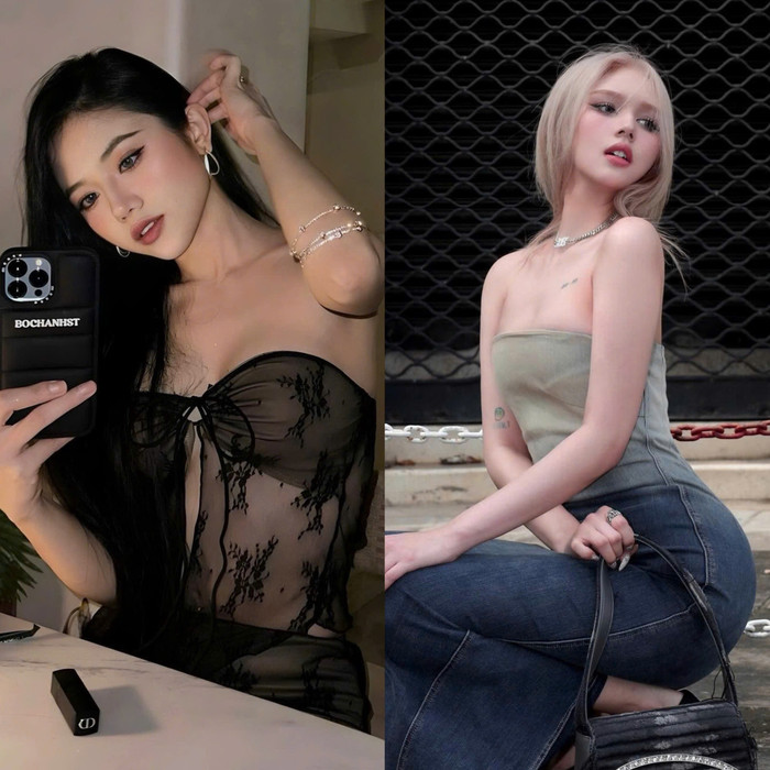 Ý Nhi chọn mặt áo cúp ngực xuyên thấu, còn Xoài Non lại diện áo quây màu trơn phối cùng quần jeans tối giản. 