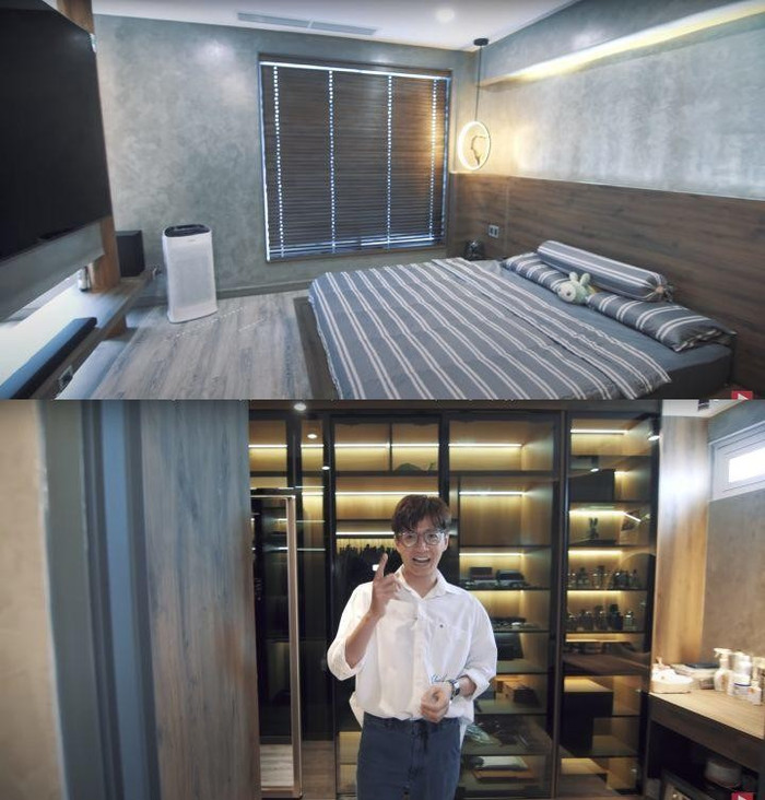 Phòng ngủ được đặt gần phòng thay đồ, bên trong còn máy giặt khô và là quần áo tự động. Vốn là người đam mê tập luyện thể thao, Ngô Kiến Huy tự trang bị các máy móc thiết bị không thua kém các trung tâm. 