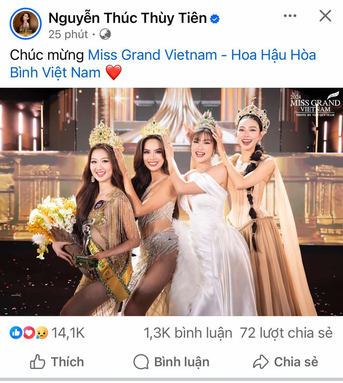 Hoa hậu Thùy Tiên có động thái chúc mừng Tân Miss Grand Vietnam 2024. Ảnh chụp màn hình