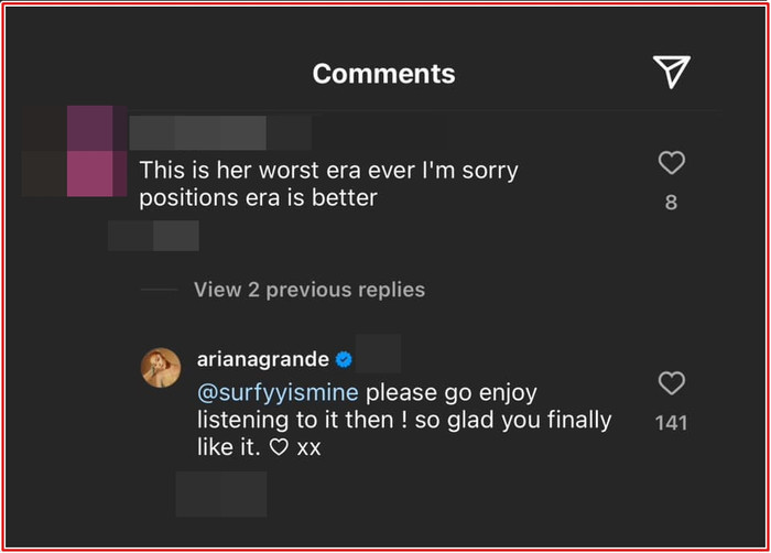 Ariana Grande nhận về nhiều lời khen ngợi từ cộng đồng mạng khi trả lời những ý kiến chê bai sản phẩm âm nhạc một cách đầy nhẹ nhàng, tử tế. 