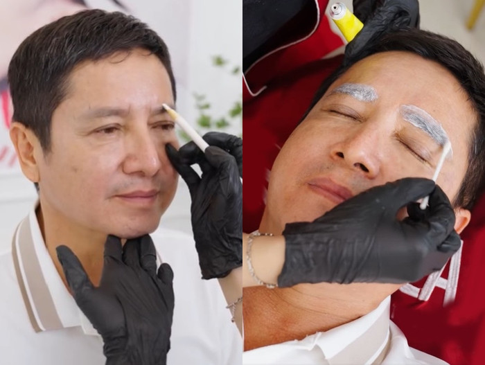 NSƯT Chí Trung làm chân mày, tân trang nhan sắc.