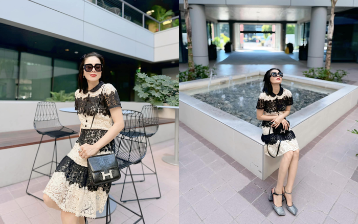 Lệ Quyên diện trang phục nữ tính, nở nụ cười ngập tràn hạnh phúc. Ảnh: FBNV