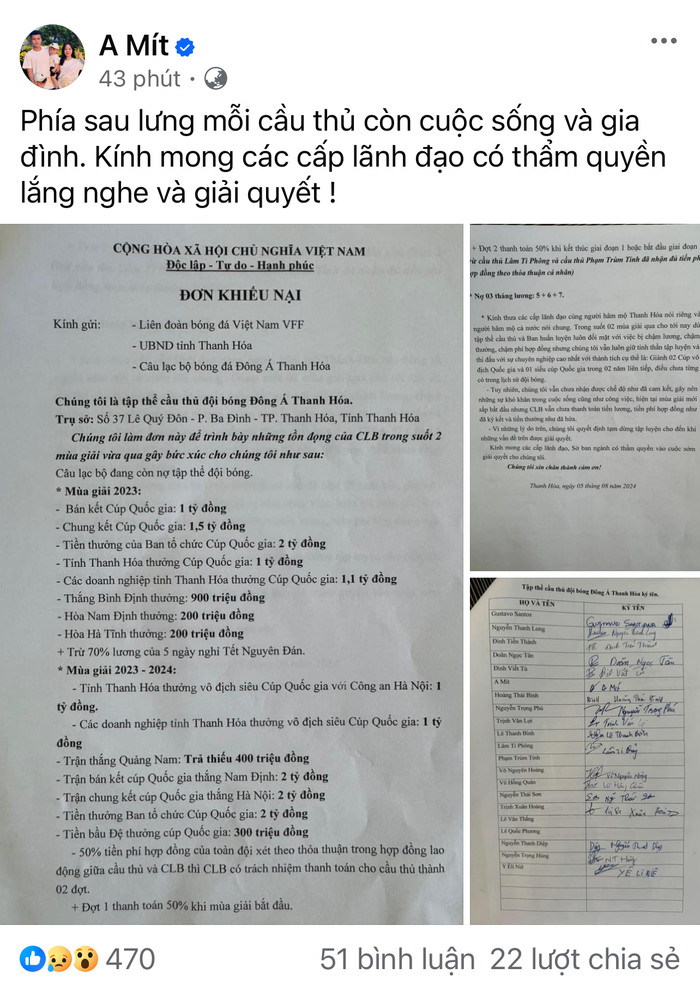Nhiều cầu thủ của CLB Thanh Hóa đã đăng trên mạng xã hội về chuyện bị nợ tiền kéo dài trong 2 mùa giải. Ảnh chụp màn hình