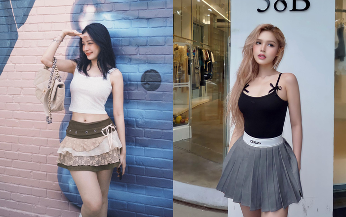 Chi Pu và Xoài Non sở hữu phong cách đường phố khá giống nhau. Trong ảnh, hai người đẹp chọn khoe vai thon với áo dây kết hợp váy ngắn. Nếu Chi Pu mang lại hình ảnh thuần khiết trong sáng thì Xoàn Non có phần quyến rũ, gợi cảm. 