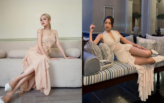Xoài Non và Chi Pu giống nhau cả cách tạo dáng và chọn đầm có nhún bèo, xẻ tà vô cùng nữ tính. 