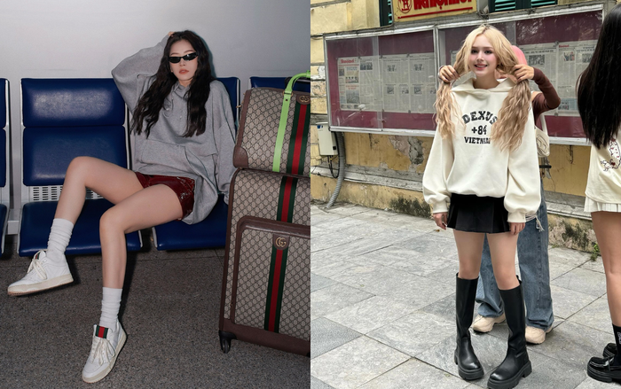 Hơn Xoài Non 9 tuổi nhưng gu ăn mặc của Chi Pu khá năng động giống đàn em. Hai cô gái chọn phối váy ngắn cùng áo hoodie, xõa tóc dài kiểu xoàn xù mì. 