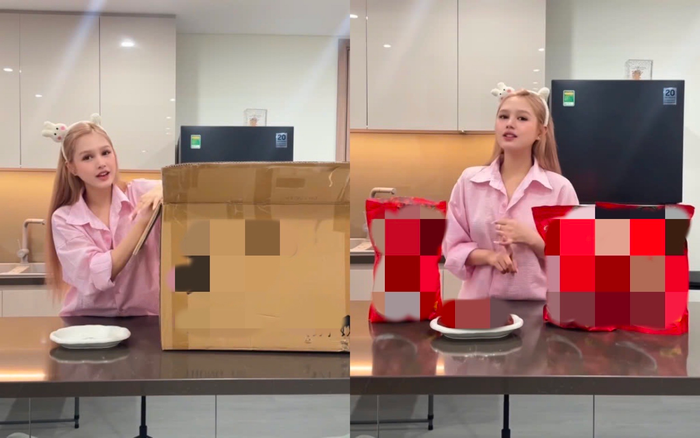 Xoài Non diện sơ mi hồng, đeo bờm đáng yêu và tự tin giới thiệu sản phẩm trước ống kính. Ảnh: Chụp màn hình