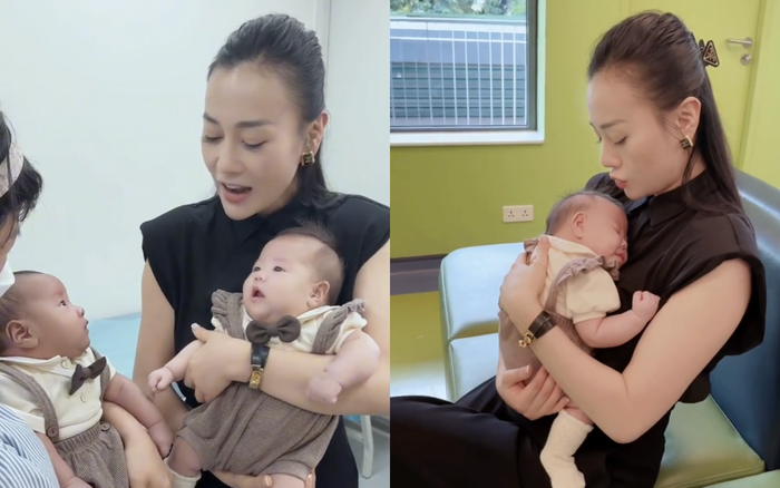 Phương Oanh đưa các con đi tiêm, bối rối khi chứng kiến cặp song sinh khóc oà. Ảnh: Chụp màn hình