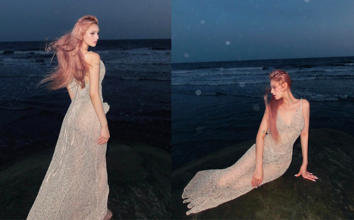 Xoài Non diện trang phục xuyên thấu, khoe dáng nóng bỏng giữa biển.