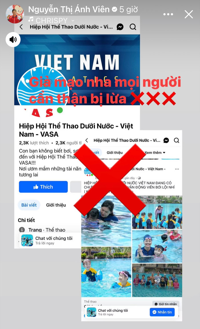 Trên trang cá nhân, Ánh Viên đã thông báo có tin giả liên quan đến việc sử dụng hình ảnh của cô. Ảnh chụp màn hình